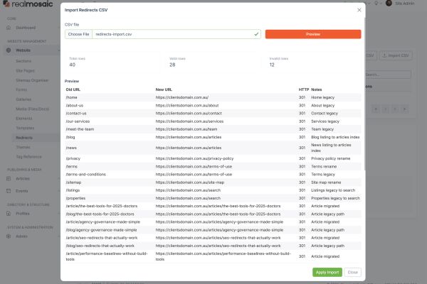 Import Redirects Screen