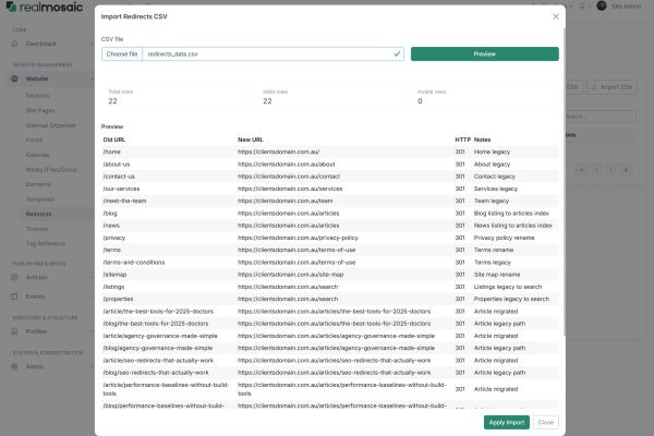 Import Redirects Screen