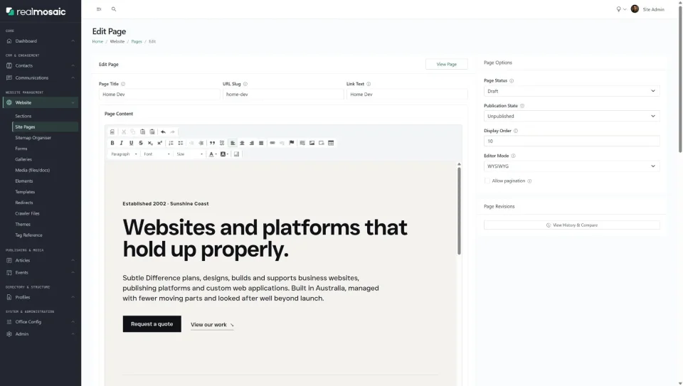 The RealMosaic page editor showing Subtle Difference's designed homepage in WYSIWYG mode, alongside page and publishing controls.