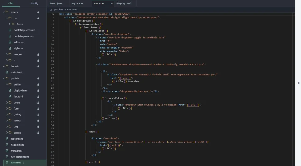 The working RealMosaic Theme Workspace showing the file tree, open theme tabs and a navigation partial written in HTML and RealMosaic template tags.